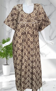 Brown Ethnic Print Soft Cotton Nighty. Soft Breathable Fabric | Laces and Frills - Laces and Frills