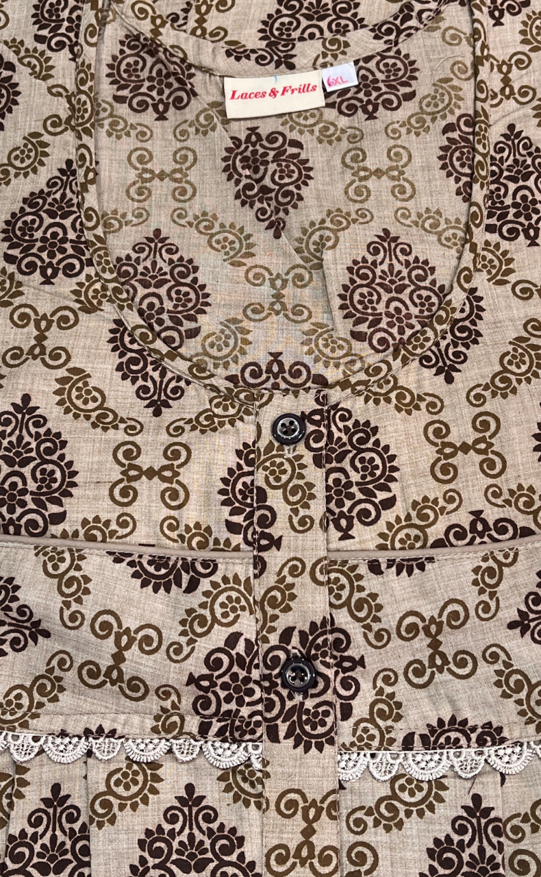 Brown Ethnic Print Soft Cotton Nighty. Soft Breathable Fabric | Laces and Frills - Laces and Frills