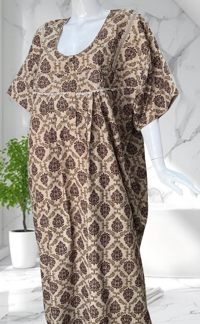 Brown Ethnic Print Soft Cotton Nighty. Soft Breathable Fabric | Laces and Frills - Laces and Frills