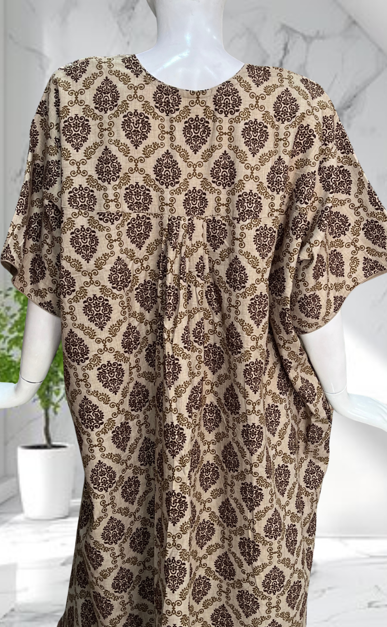 Brown Ethnic Print Soft Cotton Nighty. Soft Breathable Fabric | Laces and Frills - Laces and Frills