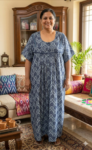 Blue Ethnic Print Soft Cotton Nighty. Soft Breathable Fabric | Laces and Frills - Laces and Frills