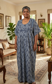 Blue Ethnic Print Soft Cotton Nighty. Soft Breathable Fabric | Laces and Frills - Laces and Frills