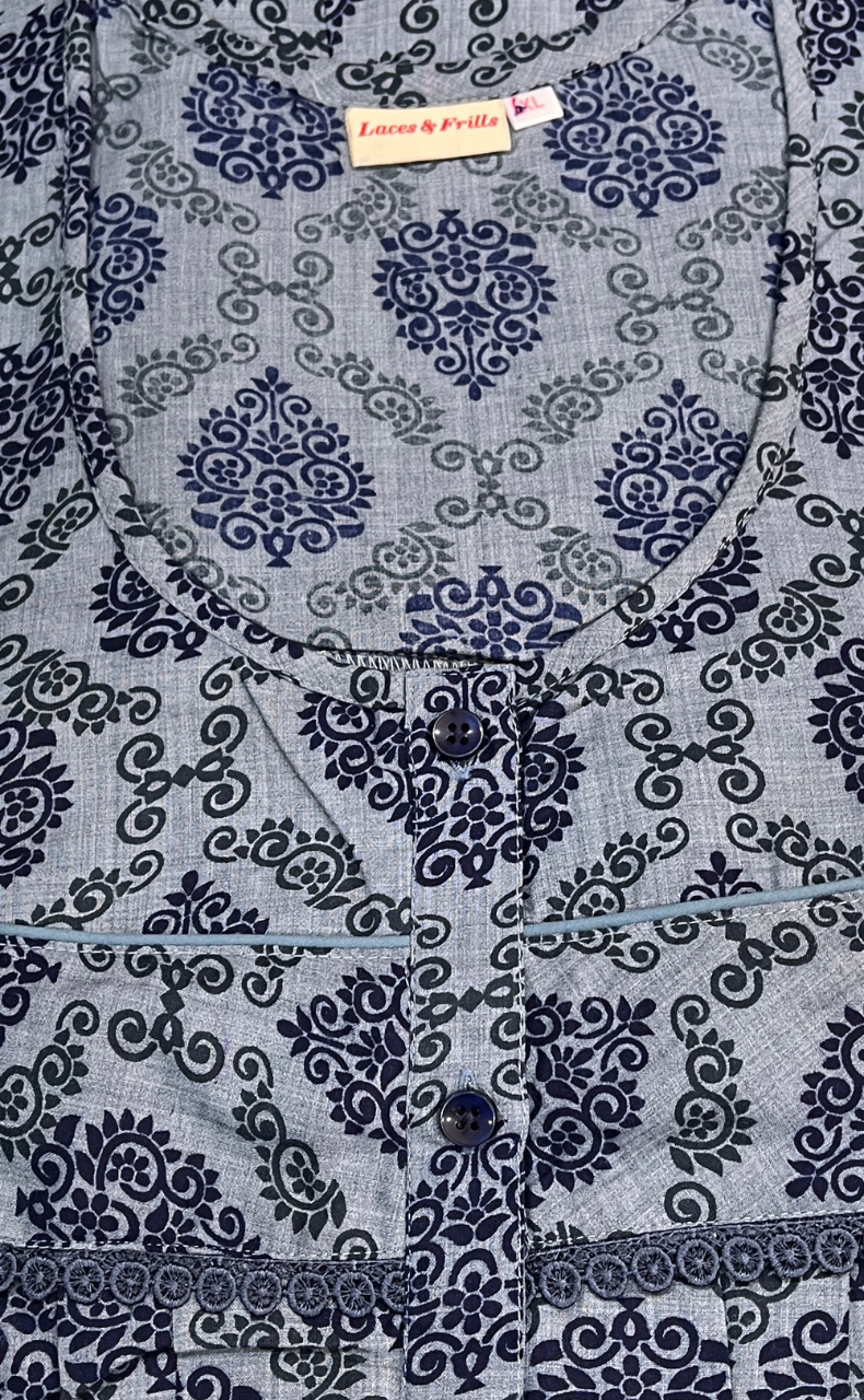 Blue Ethnic Print Soft Cotton Nighty. Soft Breathable Fabric | Laces and Frills - Laces and Frills