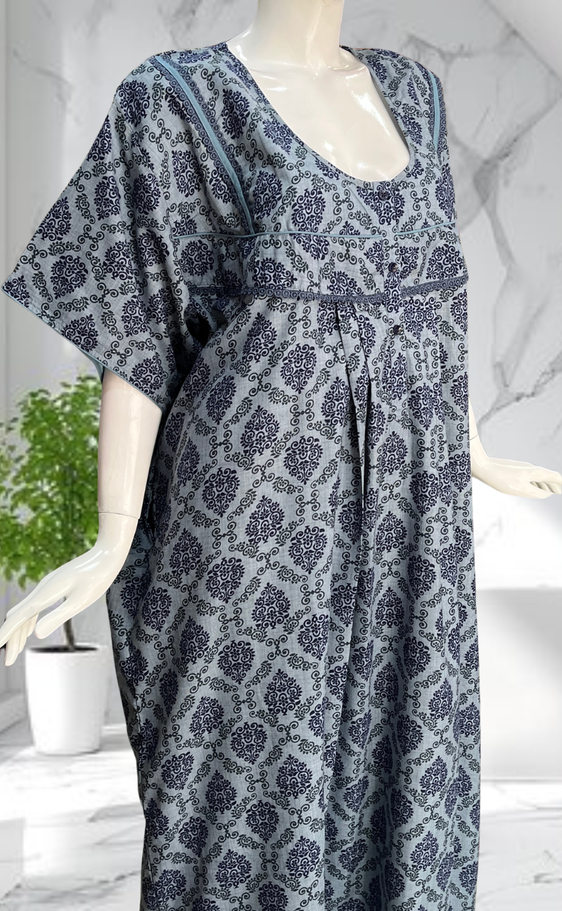 Blue Ethnic Print Soft Cotton Nighty. Soft Breathable Fabric | Laces and Frills - Laces and Frills