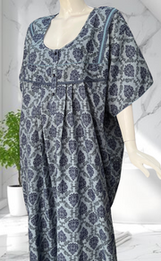 Blue Ethnic Print Soft Cotton Nighty. Soft Breathable Fabric | Laces and Frills - Laces and Frills