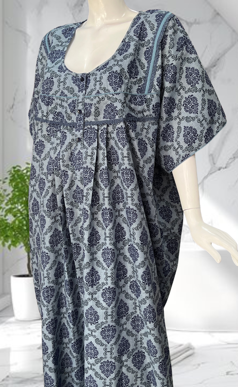 Blue Ethnic Print Soft Cotton Nighty. Soft Breathable Fabric | Laces and Frills - Laces and Frills