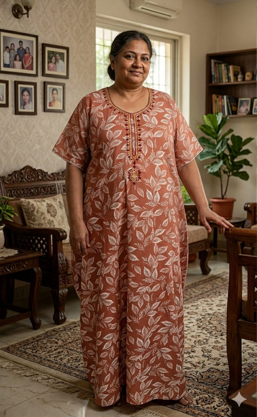 Peach Leafy Soft Cotton Nighty. Soft Breathable Fabric | Laces and Frills - Laces and Frills