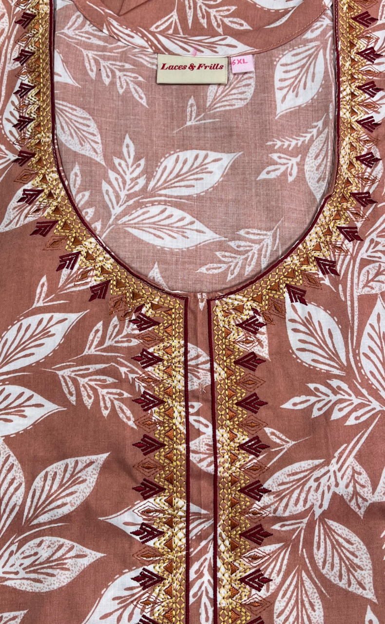 Peach Leafy Soft Cotton Nighty. Soft Breathable Fabric | Laces and Frills - Laces and Frills