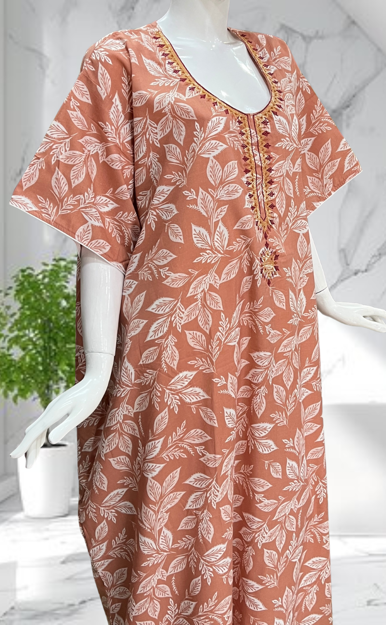Peach Leafy Soft Cotton Nighty. Soft Breathable Fabric | Laces and Frills - Laces and Frills