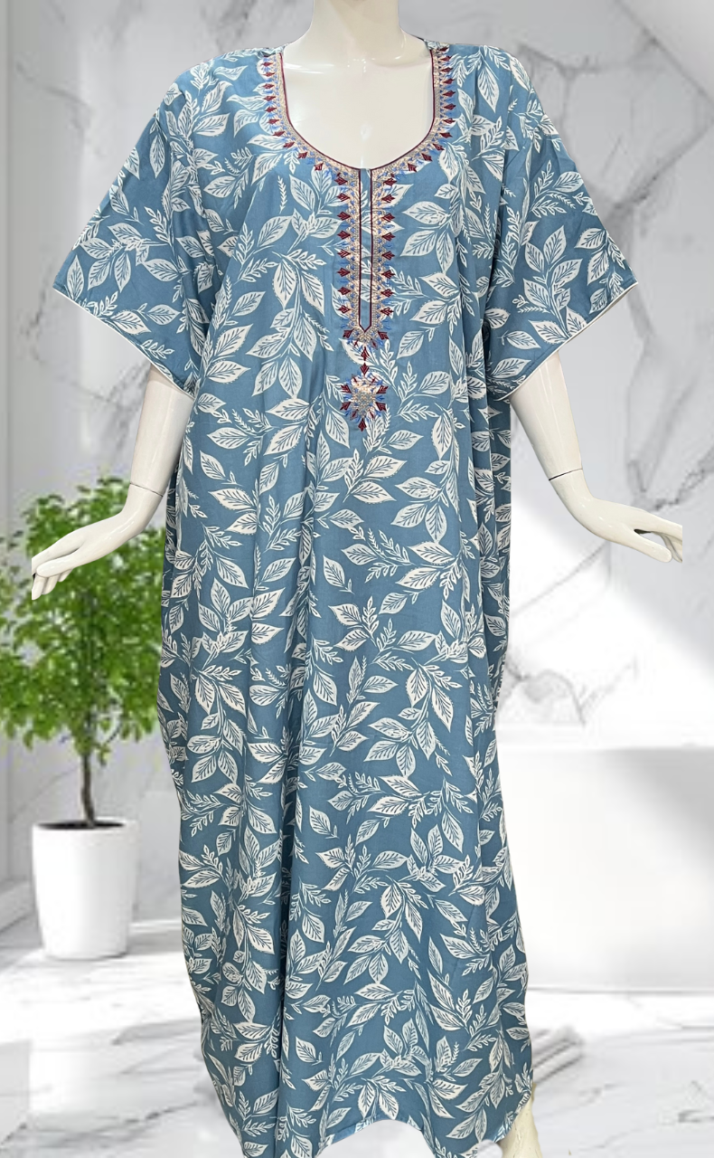 Blue Leafy Soft Cotton Nighty. Soft Breathable Fabric | Laces and Frills - Laces and Frills