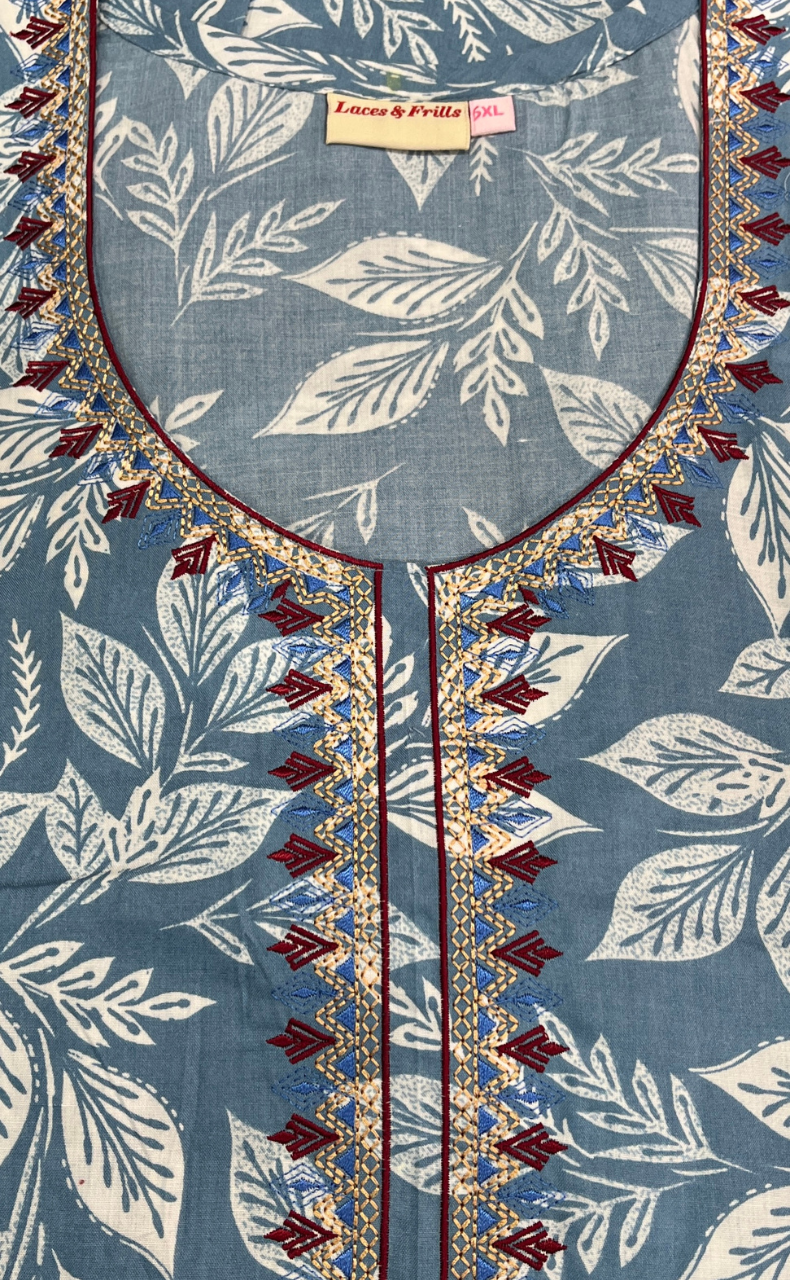 Blue Leafy Soft Cotton Nighty. Soft Breathable Fabric | Laces and Frills - Laces and Frills