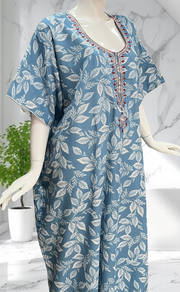 Blue Leafy Soft Cotton Nighty. Soft Breathable Fabric | Laces and Frills - Laces and Frills