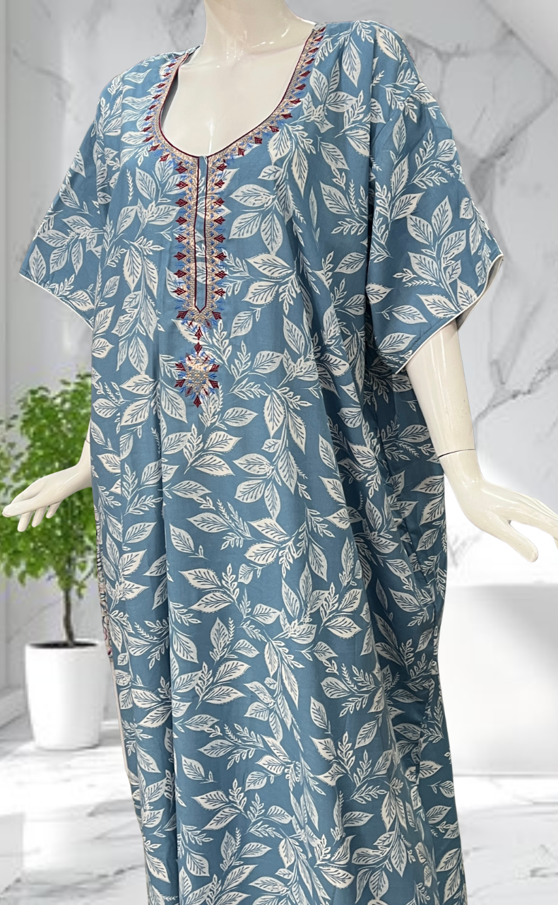 Blue Leafy Soft Cotton Nighty. Soft Breathable Fabric | Laces and Frills - Laces and Frills
