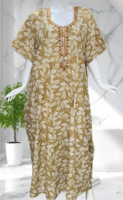Beige Leafy Soft Cotton Nighty. Soft Breathable Fabric | Laces and Frills - Laces and Frills
