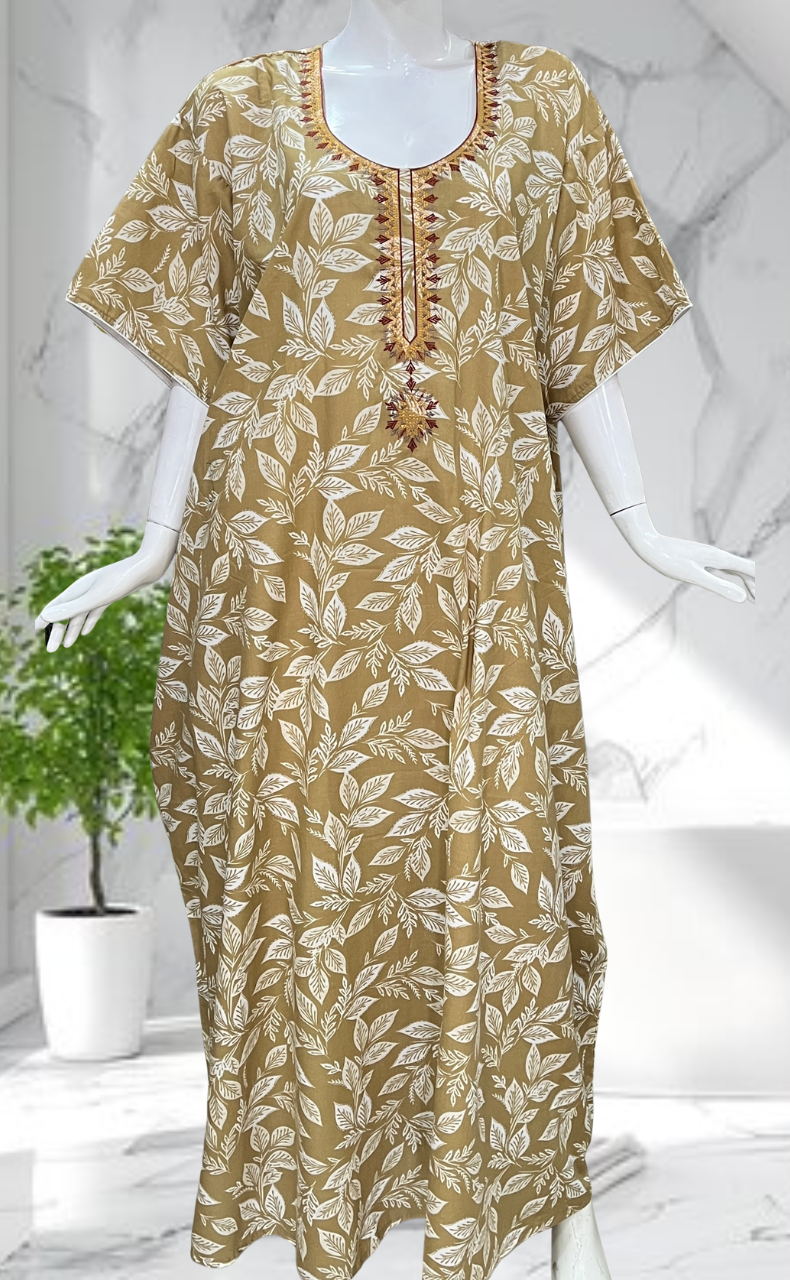 Beige Leafy Soft Cotton Nighty. Soft Breathable Fabric | Laces and Frills - Laces and Frills