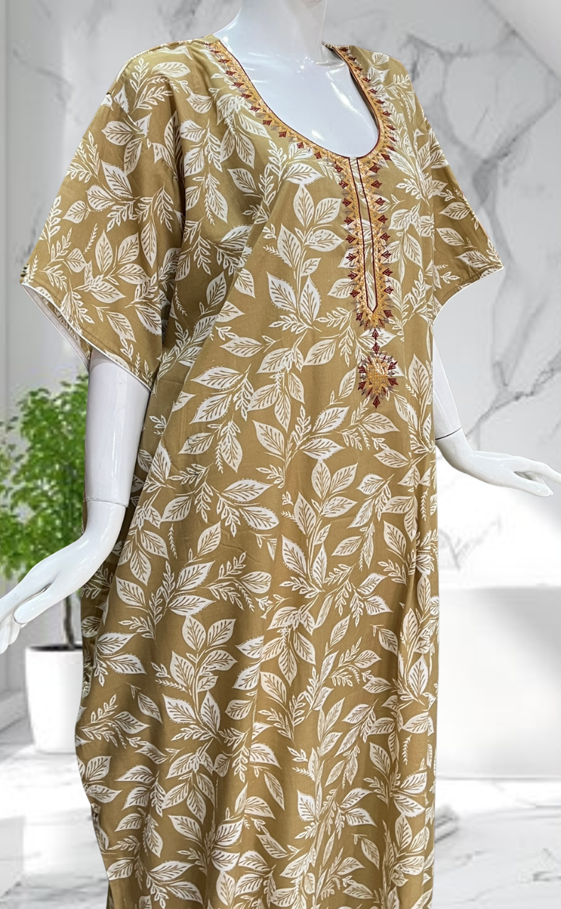 Beige Leafy Soft Cotton Nighty. Soft Breathable Fabric | Laces and Frills - Laces and Frills