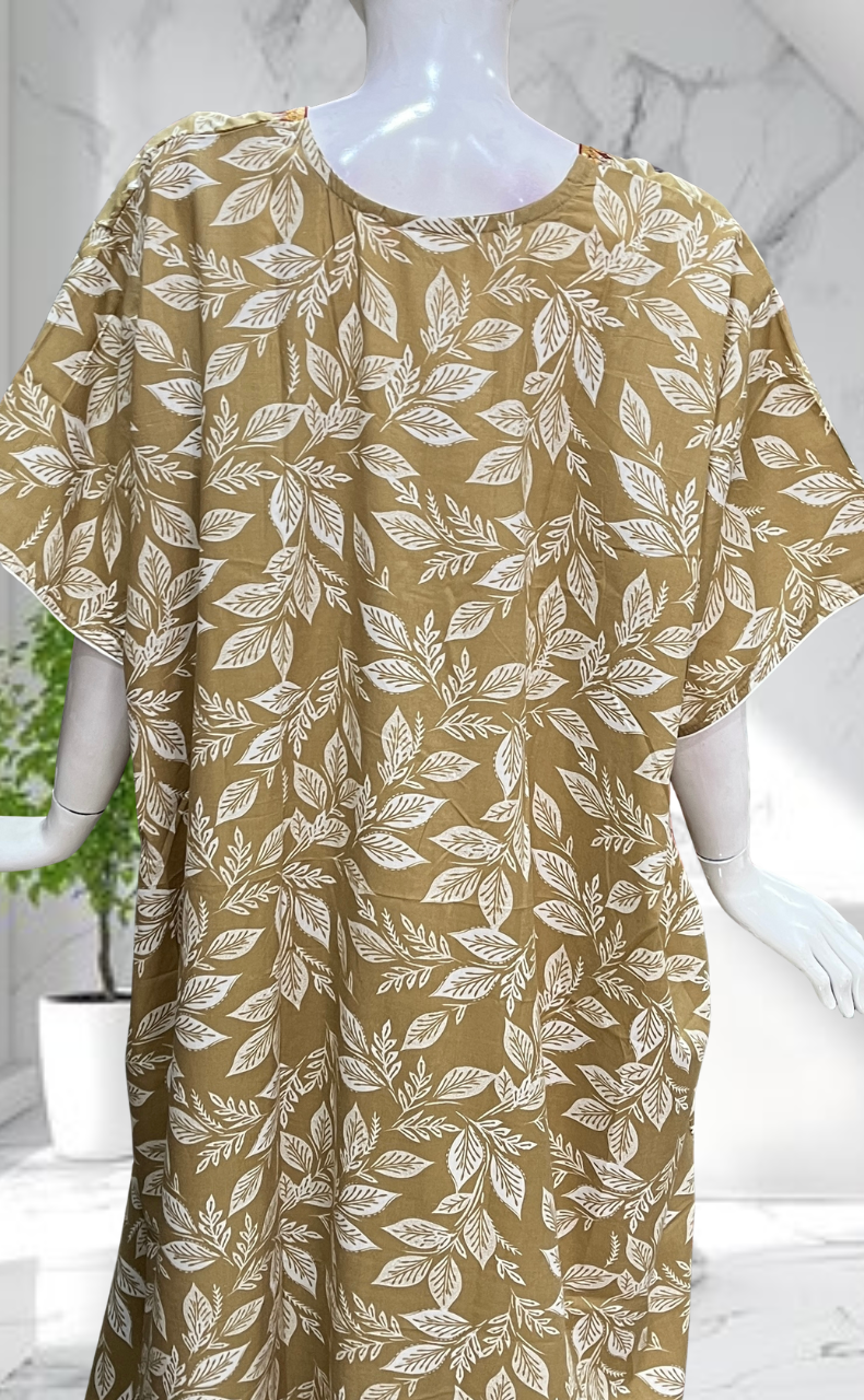 Beige Leafy Soft Cotton Nighty. Soft Breathable Fabric | Laces and Frills - Laces and Frills
