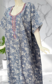 Blue Garden Soft Cotton Nighty. Soft Breathable Fabric | Laces and Frills - Laces and Frills