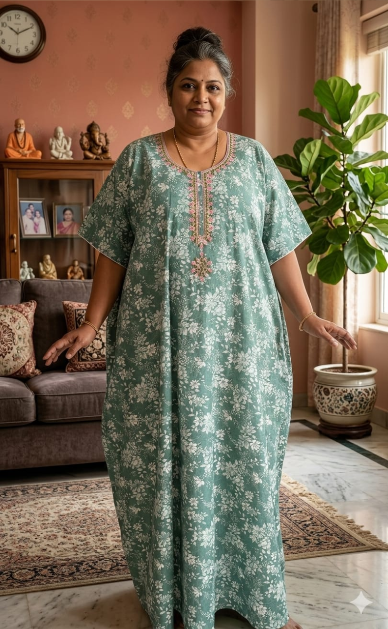 Green Garden Soft Cotton Nighty. Soft Breathable Fabric | Laces and Frills - Laces and Frills