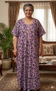 Purple Leafy Soft Cotton Nighty. Soft Breathable Fabric | Laces and Frills - Laces and Frills