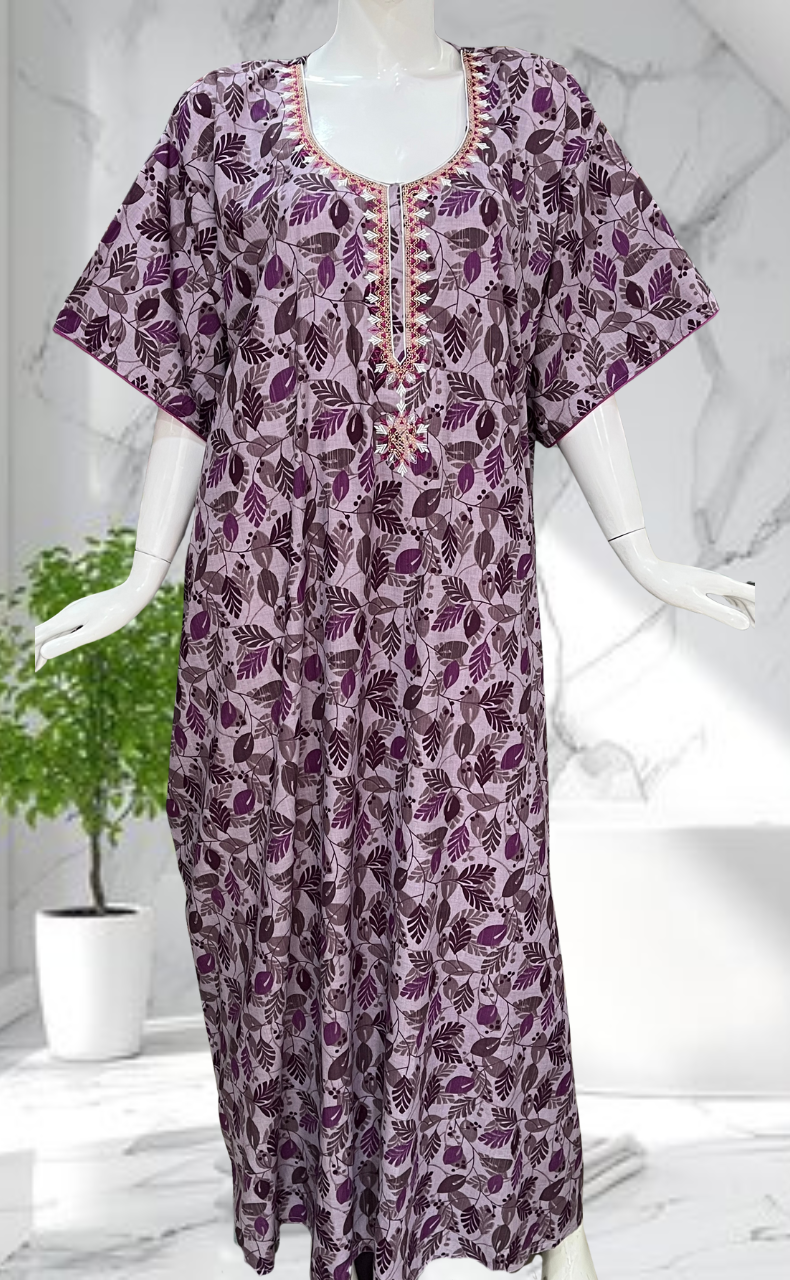 Purple Leafy Soft Cotton Nighty. Soft Breathable Fabric | Laces and Frills - Laces and Frills
