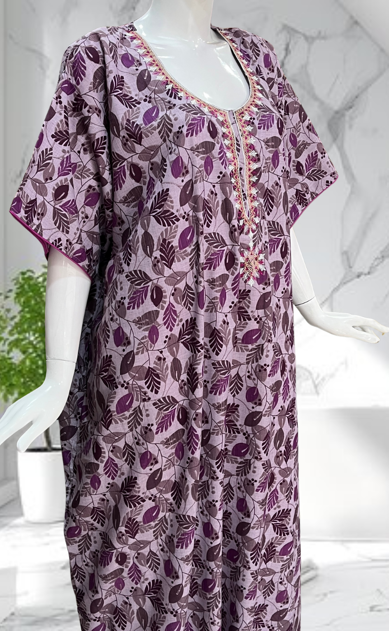Purple Leafy Soft Cotton Nighty. Soft Breathable Fabric | Laces and Frills - Laces and Frills