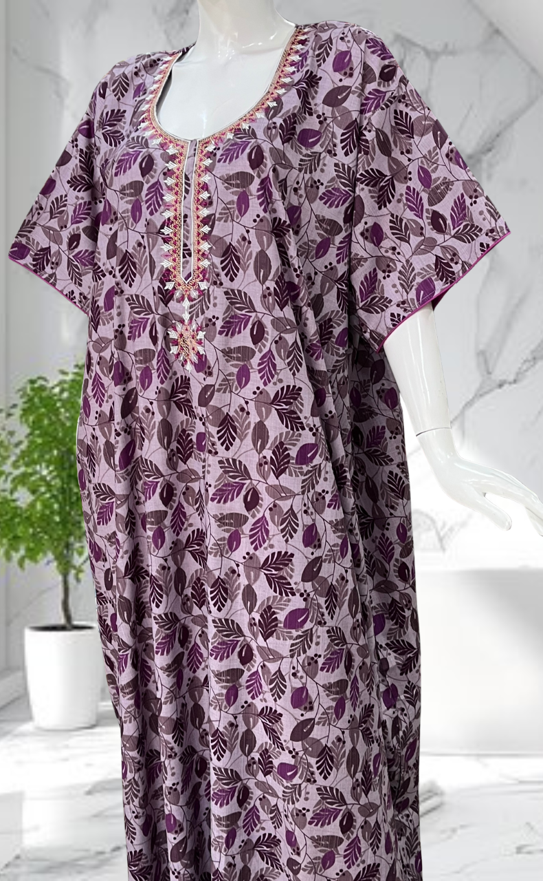 Purple Leafy Soft Cotton Nighty. Soft Breathable Fabric | Laces and Frills - Laces and Frills