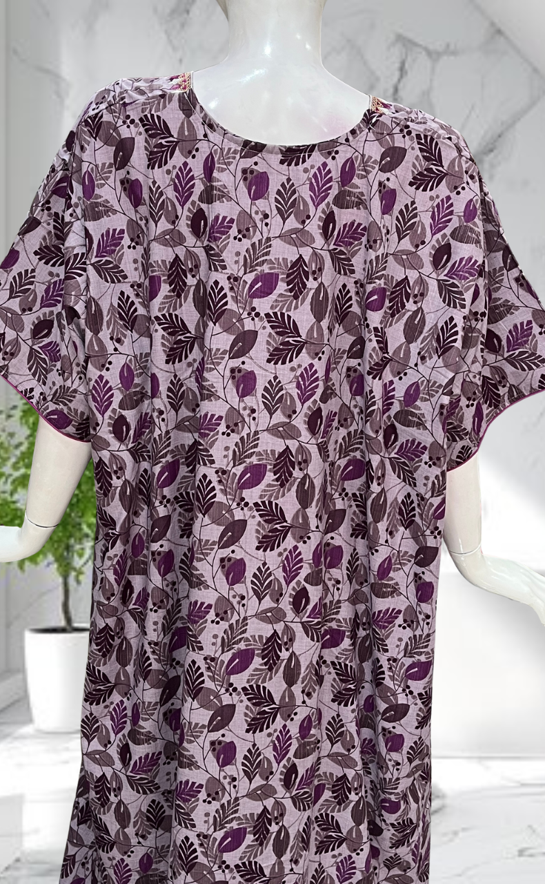 Purple Leafy Soft Cotton Nighty. Soft Breathable Fabric | Laces and Frills - Laces and Frills