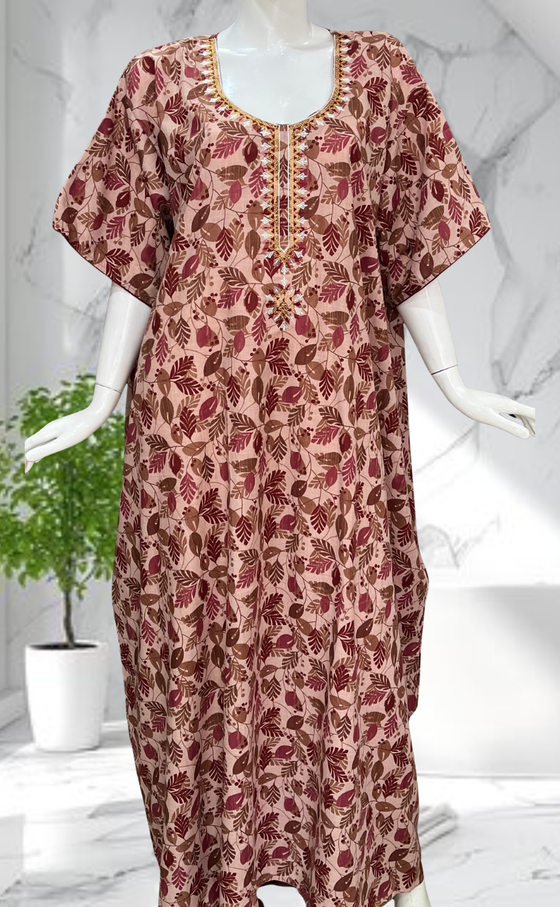 Peach Leafy Soft Cotton Nighty. Soft Breathable Fabric | Laces and Frills - Laces and Frills