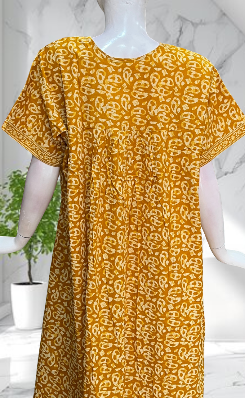Yellow Paisley Print Full Open Pure Cotton Nighty. Pure Cotton | Laces and Frills - Laces and Frills