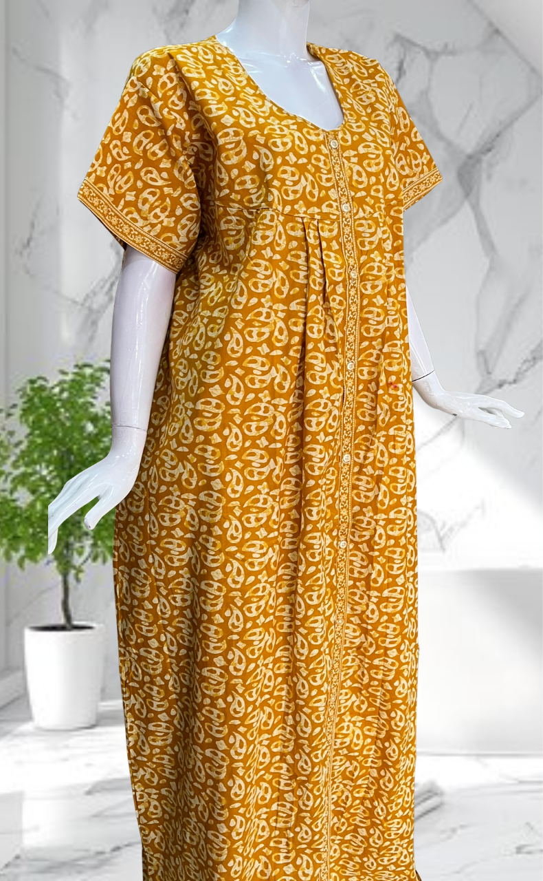 Yellow Paisley Print Full Open Pure Cotton Nighty. Pure Cotton | Laces and Frills - Laces and Frills