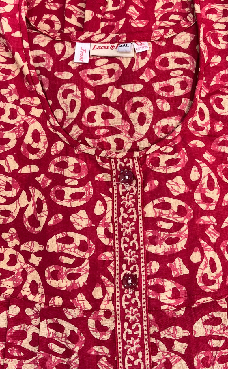 Red Paisley Print Full Open Pure Cotton Nighty. Pure Cotton | Laces and Frills - Laces and Frills