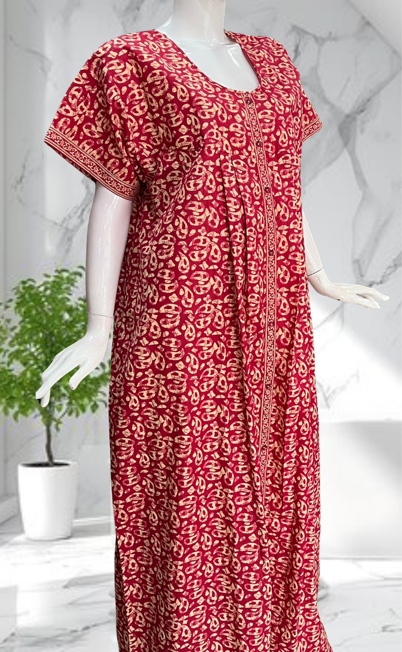 Red Paisley Print Full Open Pure Cotton Nighty. Pure Cotton | Laces and Frills - Laces and Frills
