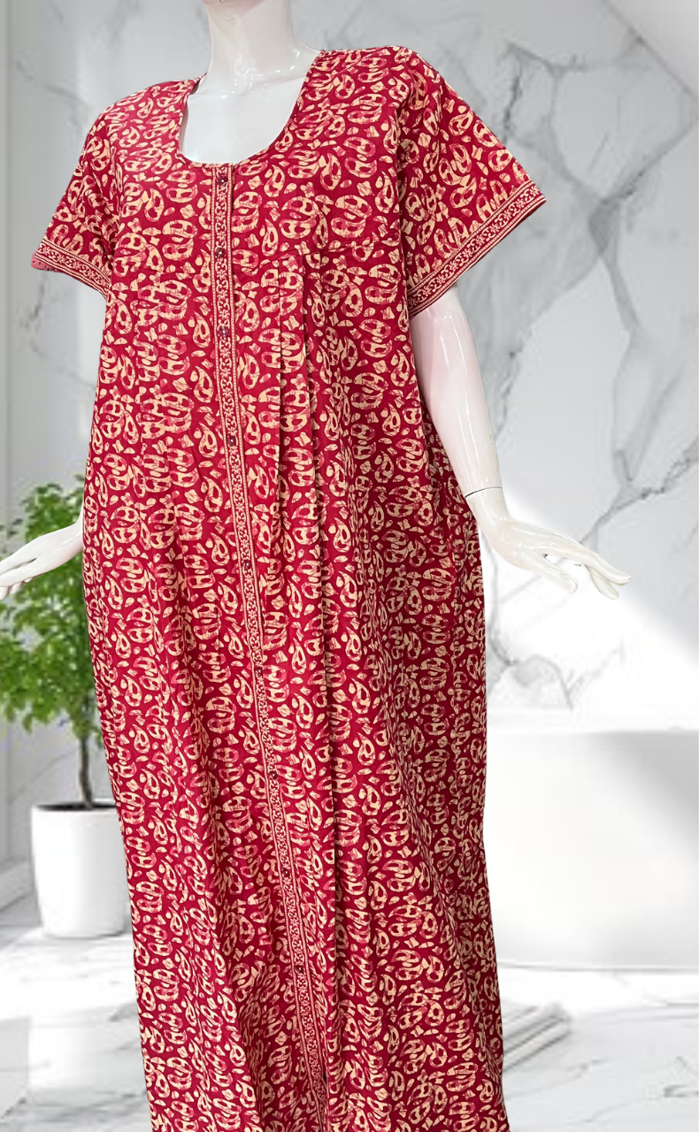Red Paisley Print Full Open Pure Cotton Nighty. Pure Cotton | Laces and Frills - Laces and Frills