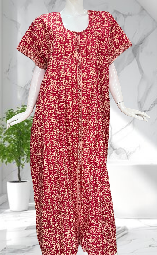 Red Paisley Print Full Open Pure Cotton Nighty. Pure Cotton | Laces and Frills - Laces and Frills