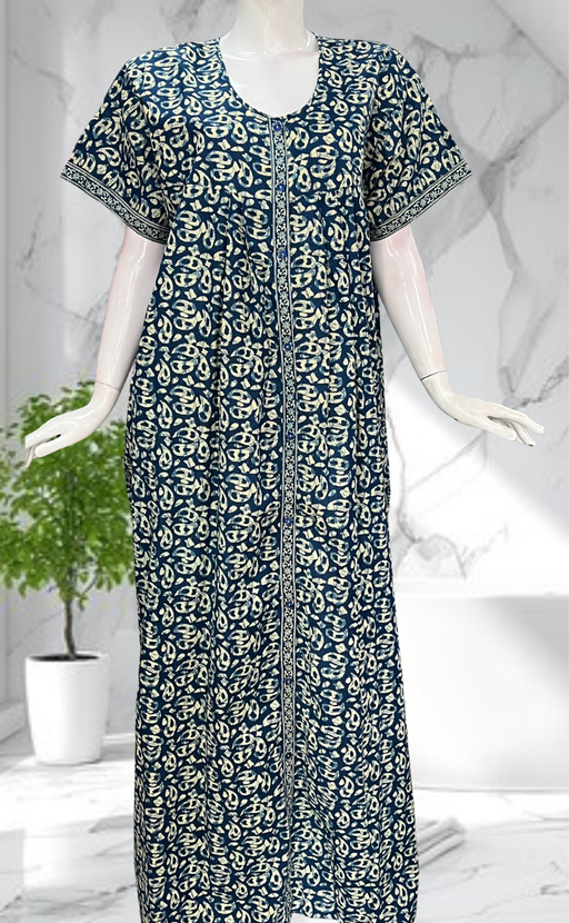 Blue Paisley Print Full Open Pure Cotton Nighty. Pure Cotton | Laces and Frills - Laces and Frills