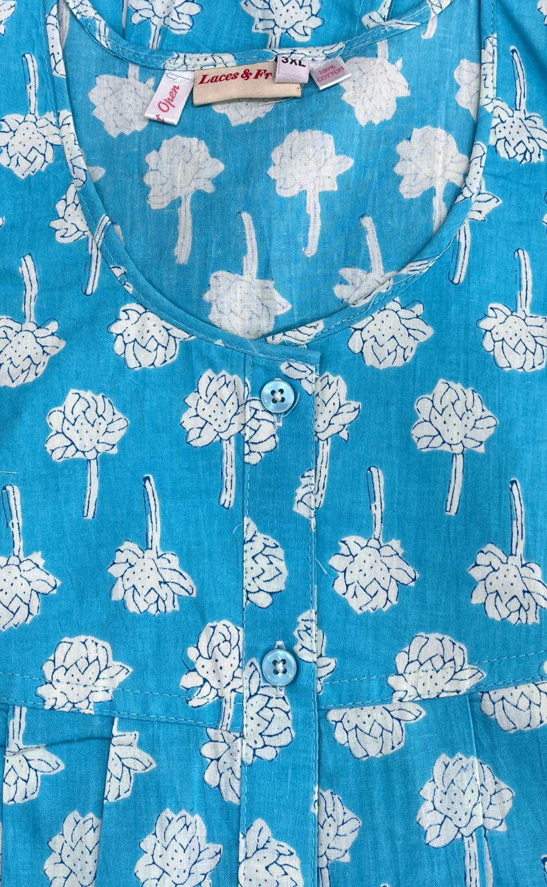 Sky Blue Floral Full Open Pure Cotton Nighty. Pure Cotton | Laces and Frills - Laces and Frills