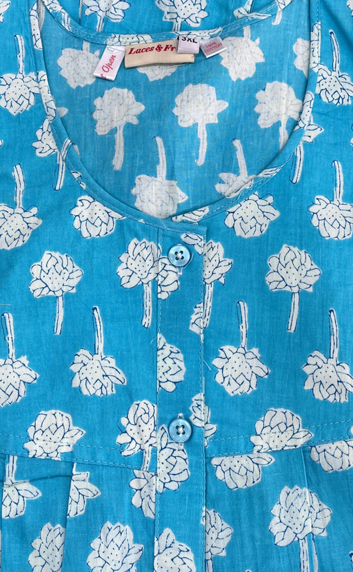 Sky Blue Floral Full Open Pure Cotton Nighty. Pure Cotton | Laces and Frills - Laces and Frills