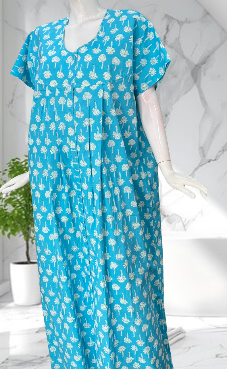 Sky Blue Floral Full Open Pure Cotton Nighty. Pure Cotton | Laces and Frills - Laces and Frills