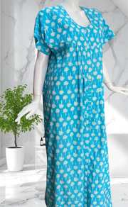 Sky Blue Floral Full Open Pure Cotton Nighty. Pure Cotton | Laces and Frills - Laces and Frills