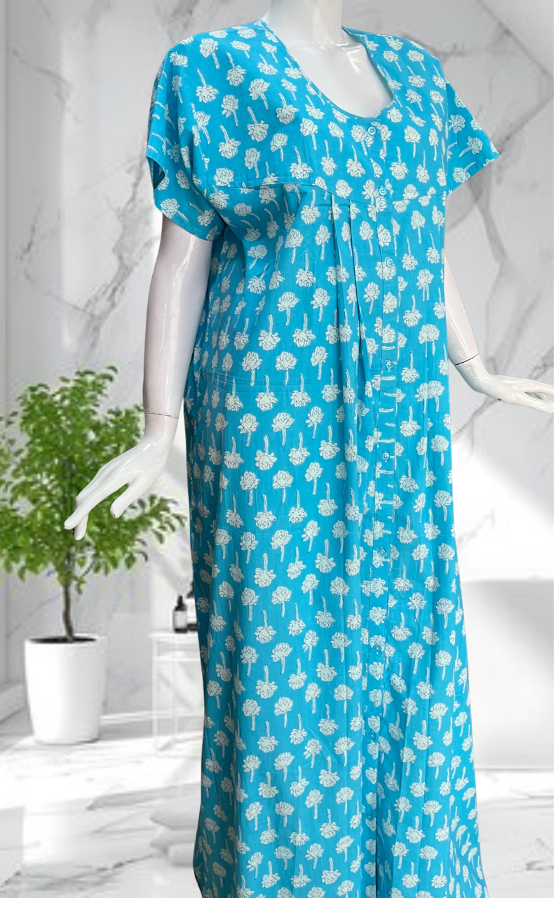 Sky Blue Floral Full Open Pure Cotton Nighty. Pure Cotton | Laces and Frills - Laces and Frills