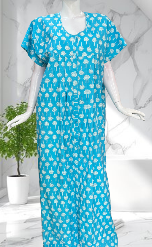 Sky Blue Floral Full Open Pure Cotton Nighty. Pure Cotton | Laces and Frills - Laces and Frills