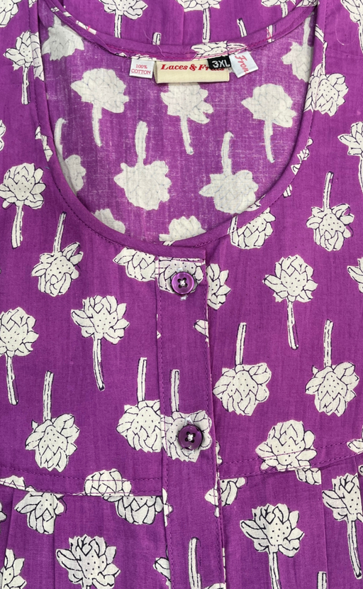 Purple Floral Full Open Pure Cotton Nighty. Pure Cotton | Laces and Frills - Laces and Frills