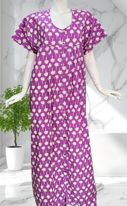 Purple Floral Full Open Pure Cotton Nighty. Pure Cotton | Laces and Frills - Laces and Frills