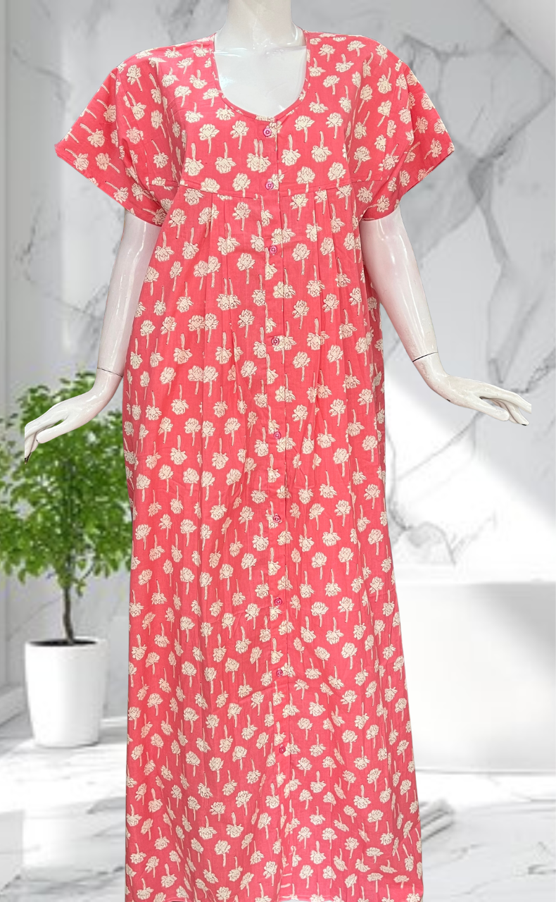 Peach Floral Full Open Pure Cotton Nighty. Pure Cotton | Laces and Frills - Laces and Frills