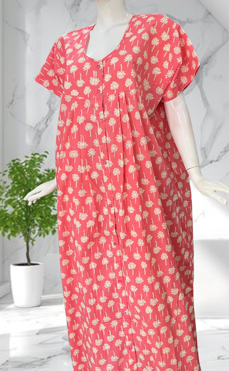 Peach Floral Full Open Pure Cotton Nighty. Pure Cotton | Laces and Frills - Laces and Frills