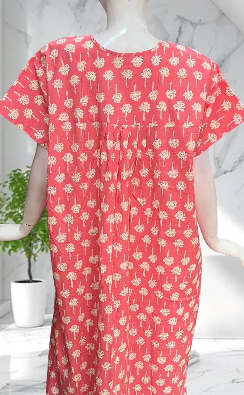 Peach Floral Full Open Pure Cotton Nighty. Pure Cotton | Laces and Frills - Laces and Frills