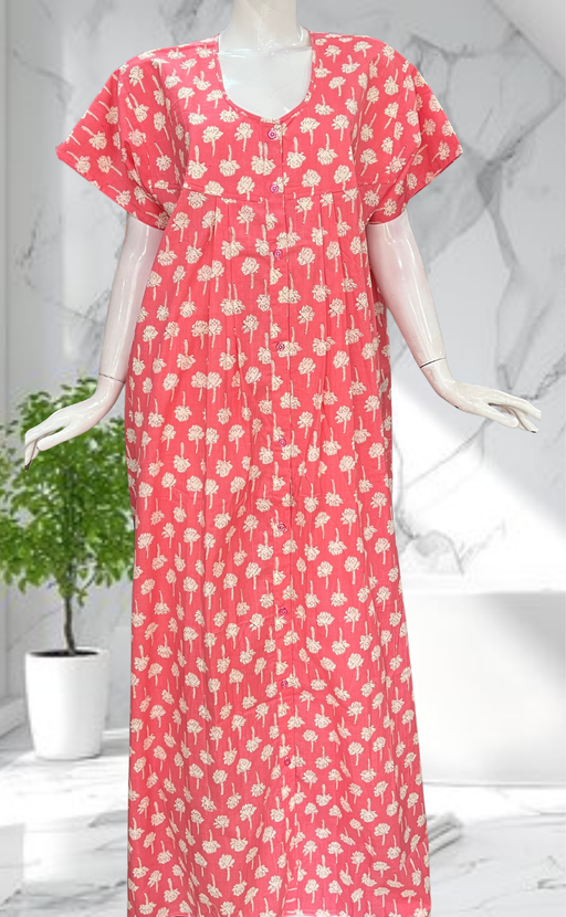 Peach Floral Full Open Pure Cotton Nighty. Pure Cotton | Laces and Frills - Laces and Frills