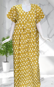 Yellow Floral Full Open Pure Cotton Nighty. Pure Cotton | Laces and Frills - Laces and Frills