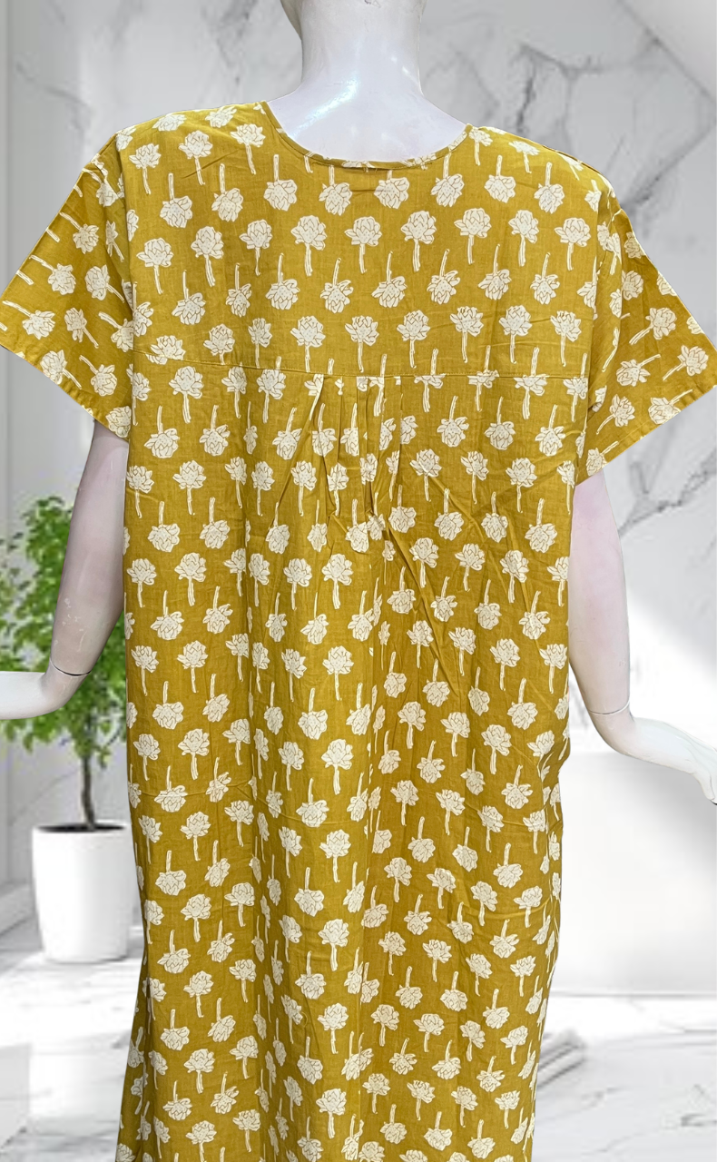 Yellow Floral Full Open Pure Cotton Nighty. Pure Cotton | Laces and Frills - Laces and Frills